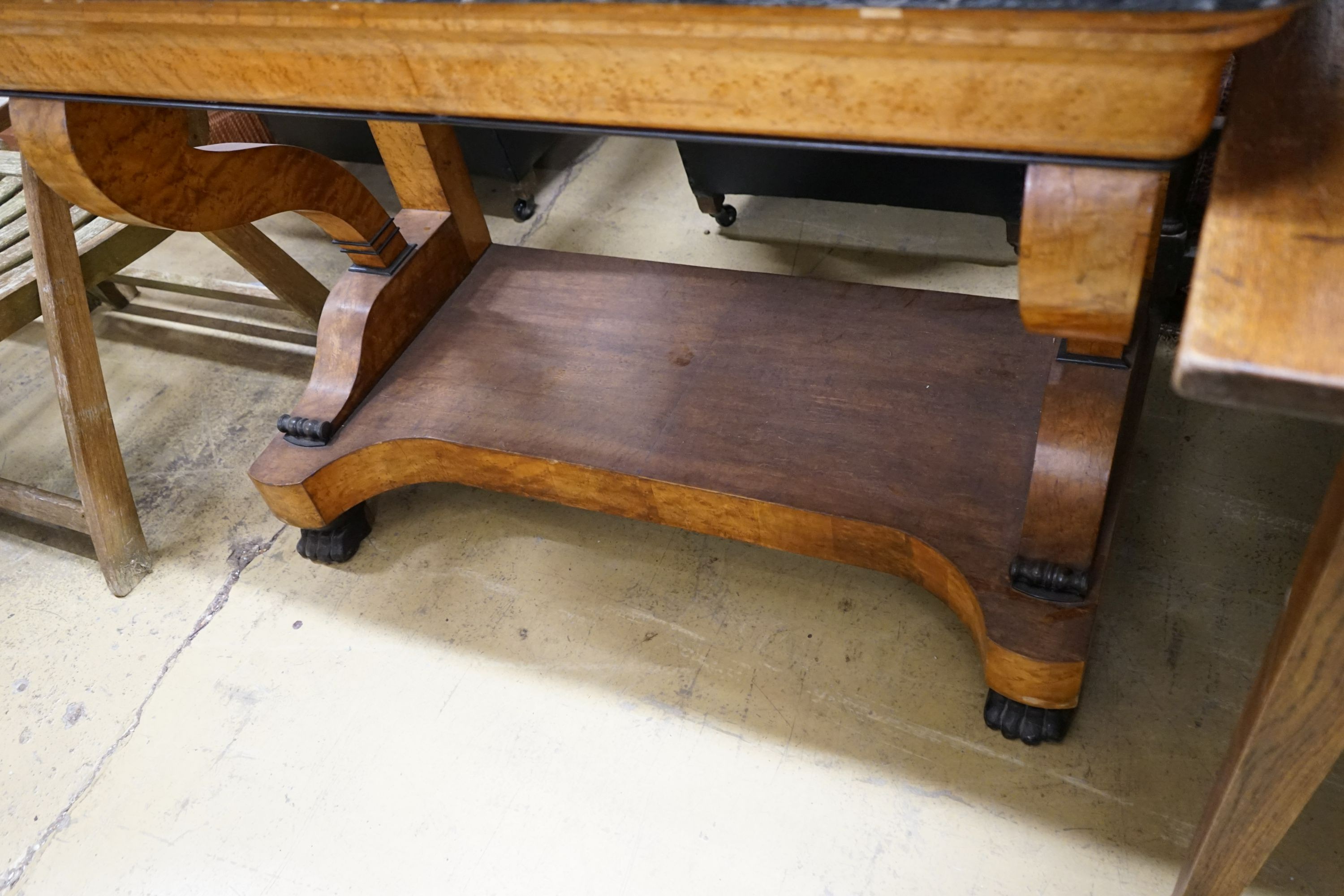 A 19th century French bird's eye maple marble topped console table, width 130cm, depth 64cm, height 89cm